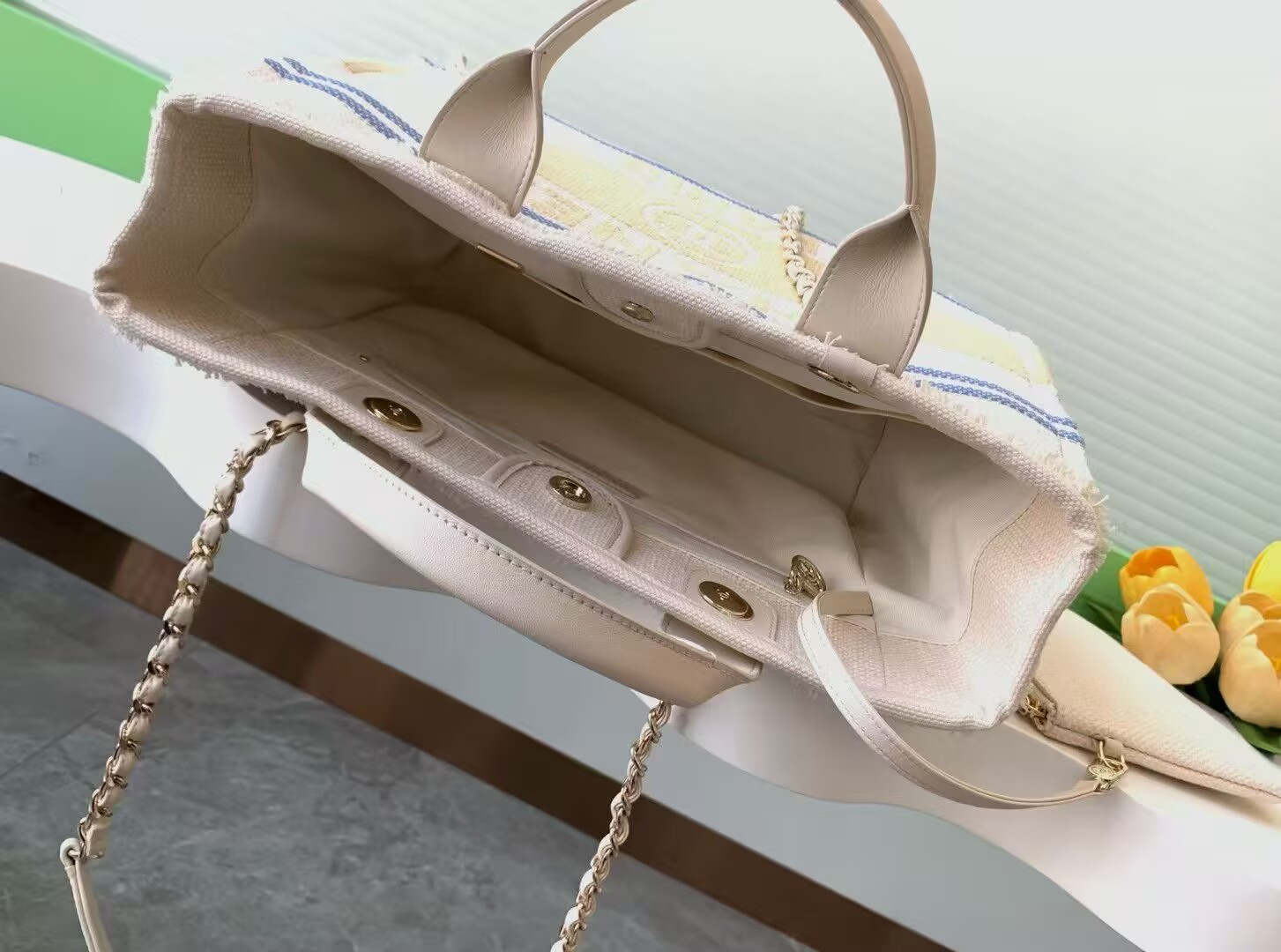 Ch*el shopping bag cotton canvas & gold-tone metal 34x27x16cm