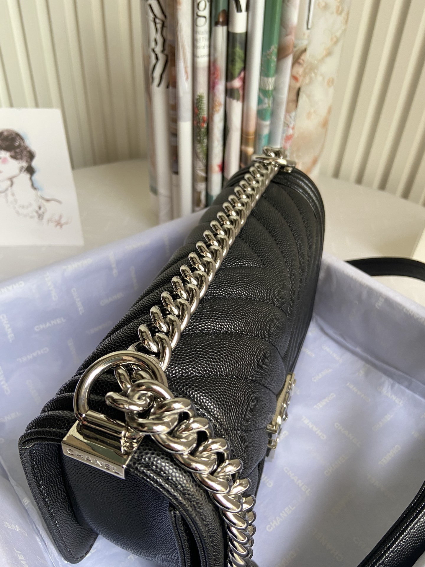 boy Ch*el handbag shiny grained calfskin & silver-tone metal black 5.9 × 9.8 × 3.5 in