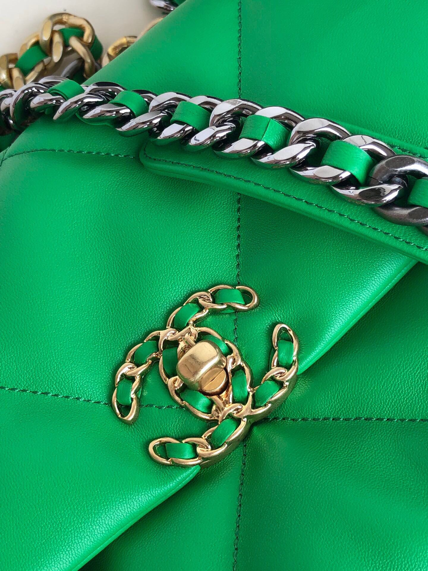 Ch*el 19 large handbag shiny leather, gold-tone, silver-tone & ruthenium-finish metal green 7.8 × 11.7 × 3.9 in