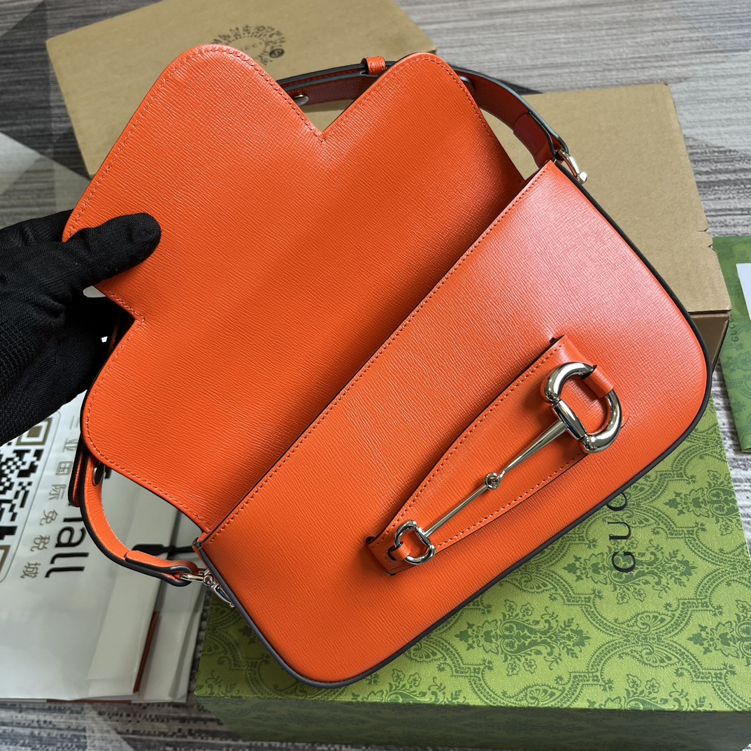 G*u*i horsebit 1955 small shoulder bag orange 10.4"w x 6.7-4.1"h x 3.1-1.6"d