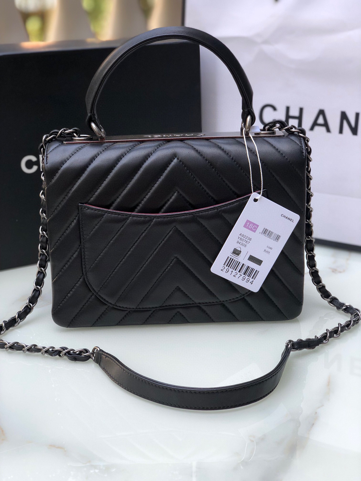 Ch*el flap bag with top handle 6.6 × 9.8 × 4.7 in