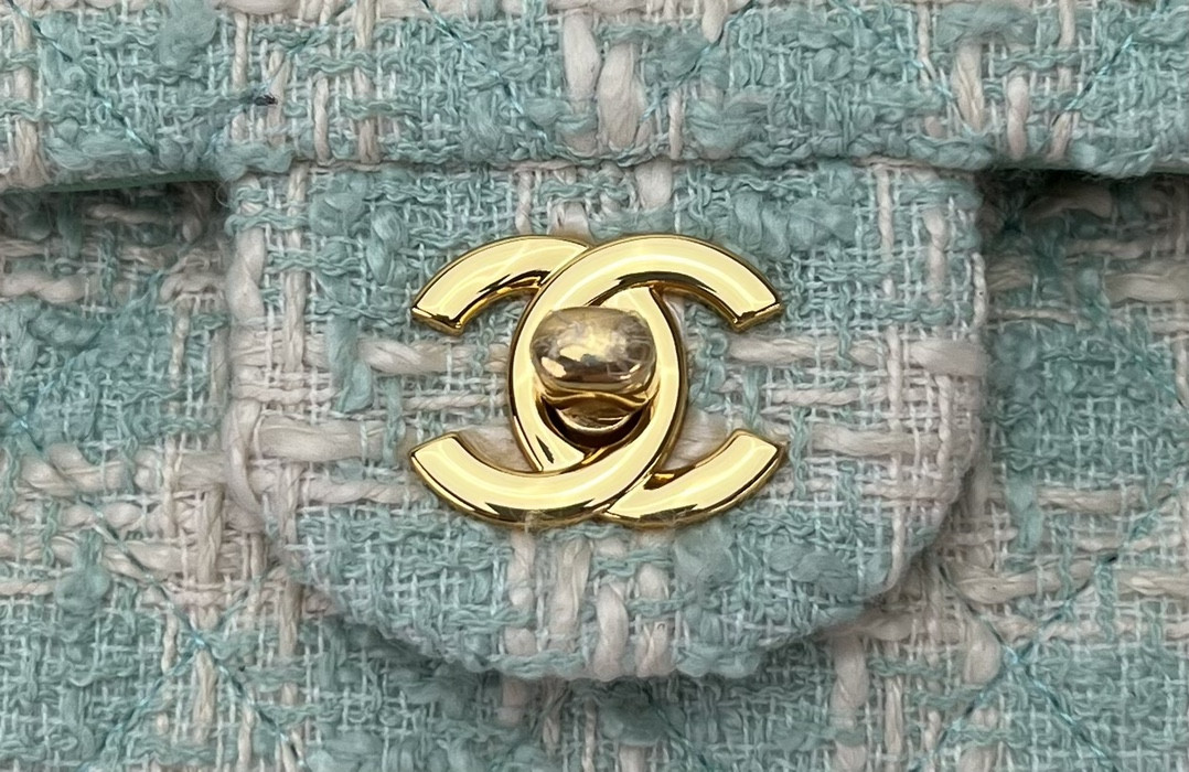 Ch*el mini classic 11.12 handbag tweed & gold-tone metal 4.7 × 7.8 × 2.3 in